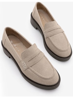 Marjin Kadın Loafer Günlük Klasik Ayakkabı Casual Makosen Fonle Bej Süet