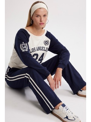 Ritnice Kadın Stone Kayık Yaka Sweatshirt Şeritli Alt Eşofman Lacivert Alt Üst Takım