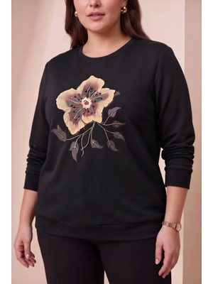 Rmg Özel Baskı Detaylı Büyük Beden Örme Modal Sweatshirt Siyah