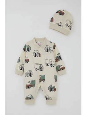 Breeze Erkek Bebek Tulum Minik Iş Makineleri Desenli 0-6 Ay, Krem