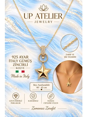 Up Atelier 925 Ayar Gümüş Ithal Zincirli Zirkon Taşlı Yıldız Kolye 40-45CM Ayarlanabilir