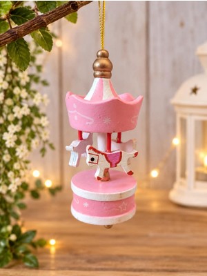 Hureggo Nostalgic Pink Carousel Ahşap Mini Atlıkarınca Asma Süsü – 8 cm Yılbaşı Ağacı ve Bebek Odası Dekoratif Figür