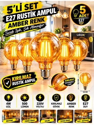 Ledx 5 Adet Amber Rustik Balon Ampul E27 - Kırılmaz Ampul 4W Sıcak Amber Işık Dekoratif LED Ampul (G95),DEKORATIF Ambiyans Ampülü,