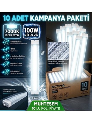 Econa 10ADET...100W Kristal Beyaz LED Bant Armatür 120 cm - Yüksek Lümenli Yatay Prizmatik Tavan Lambası,modern Aydınlatma.led Lamba ,kristal,lamba