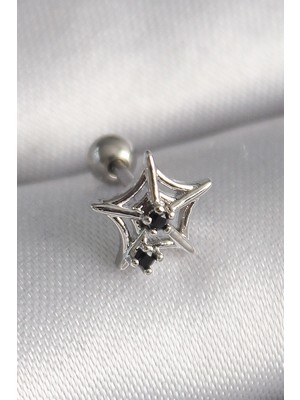 Renas Store 316L Çelik Gümüş Renk Siyah Zirkon Taş Detay Örümcek Ağ Model Tragus Piercing
