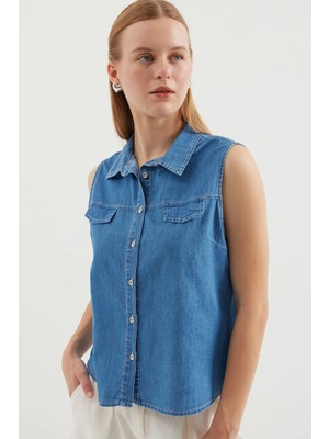 Hiccup Kadınlar Bdart Kolsuz Pamuklu Kot Gömlek Orta Mavi Denim