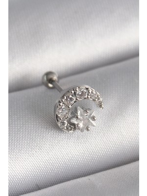 Renas Store 316L Çelik Gümüş Renk Zirkon Taşlı Ay Yıldız Tragus Piercing