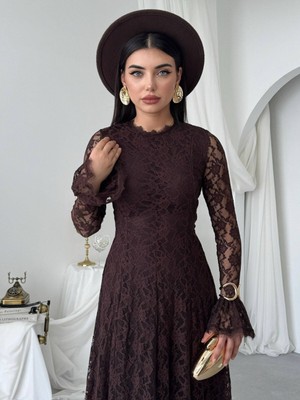 Moda Days Kadın Kahve Dantel Midi Elbise Dik Yaka Uzun Kollu A Kesim Davetlik