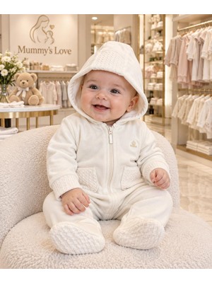 Mummys Love Unısex Bebek Patikli Tulum - Triko Detaylı - %100 Doğal Pamuk Yıkanmış Kumaş - Bej