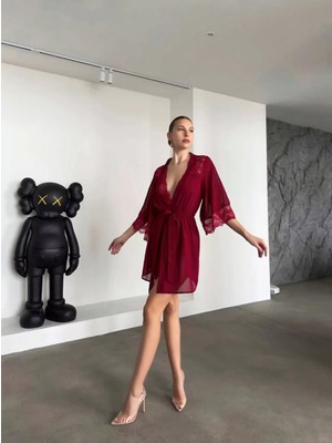 Marsilyan™- Şık Tasarım Bordo Dantel Işlemeli Body Suit ve Tül Gecelik Takımı