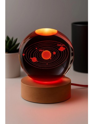 Marsilyan 3D Güneş Sistemi Kristal LED Gece Lambası – Usb'li Ahşap Standlı LED Masa - Gece Lambası Rgb LED