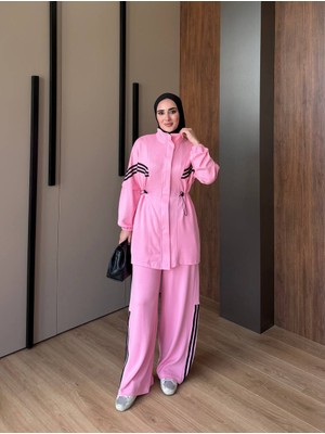 Trendparis Şerit Detaylı Ithal Eşofman Takımı - Salaş Kalıp Açık Pembe