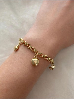 BROTLIWY Gold Renk Taşlı Kutup Yıldızı Kalp ve Yıldız Çarmlı Kararmaz Çelik Kadın Bileklik