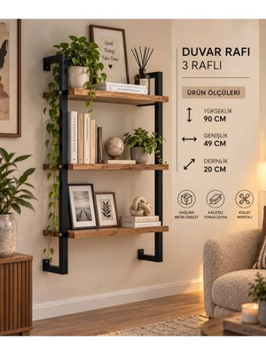 Sofmina 3 Raflı Duvar Rafı – Ahşap Metal Dekoratif Kitaplık – 90X49X20 cm