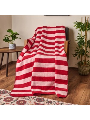 Matmel Soft Çizgili Pamuklu Tv Battaniyesi - Pembe / Kırmızı - 130X170 cm