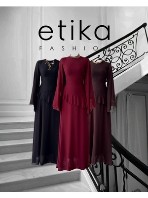 Moda Days Kadın Kahve Midi Elbise Yuvarlak Yaka Şifon Volanlı Uzun Kollu A Kesim