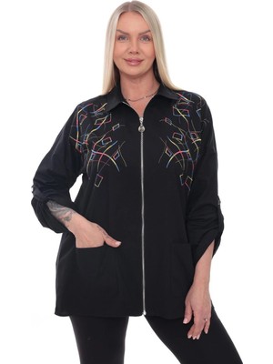 Lady Majestic Dokuma Motifli Pamuklu Büyük Beden Fermuarlı Desenli Gömlek Ceket | 44-58 Beden