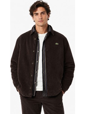 Lacoste Men's Relaxed Fit Button-Down Linen Shirt  Rahat Kesim Kadife Erkek Dış Gömlek Kahverengi