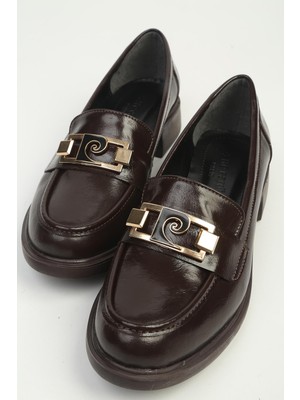 Benetton Kahverengi Rugan Kalın Taban Metal Tokalı Kadın Loafer Ayakkabı PC-56056