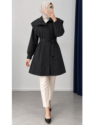 Nevayla Moda Kuşaklı Fermuarlı Mevsimlik Trençkot - Siyah / M0116