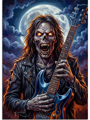 Artmeg Dolunayda Elektro Gitar Çalan Zombi Dekoratif Kanvas - Mdf Ahşap Tablo