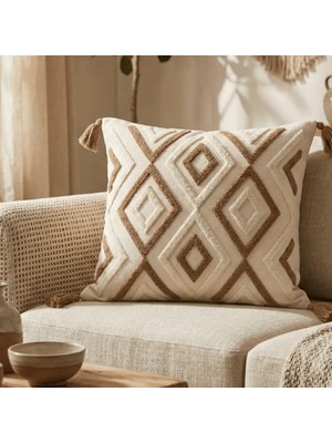 Destiva Home Etnik Geometrik Desenli Püsküllü Pamuk Gizli Fermuarlı Punch Kırlent Kılıfı 42X42CM