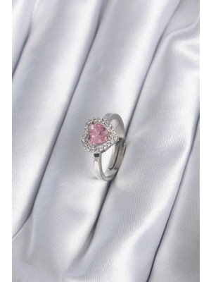 Marsilyan Pirinç Gümüş Renk Pembe Zirkon Taşlı Charm Model Kadın Yüzük TJ-BYK2864