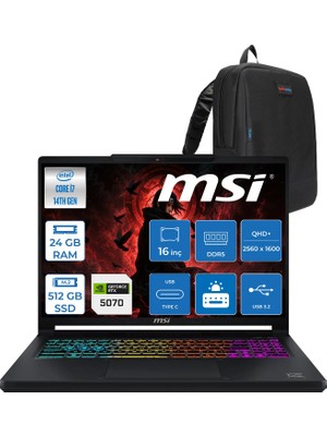 MSI Msı Crosshaır 16 Hx E14WGK-047XTR Intel Core I7-14650HX 24GB Ddr5 512GB SSD 8GB/RTX5070 115W 16” Qhd+ (2560X1600), 240Hz, Ips-Level Freedos Gaming ZW047XTRF01+ZETTAÇANTA