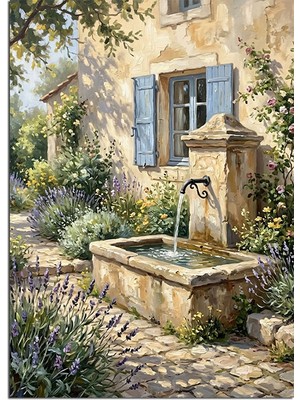 Artmeg Taş Çeşmeli Lavantalı Provence Bahçesi Dekoratif Kanvas - Mdf Ahşap Tablo