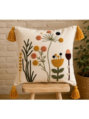 Fuens Punch Nakışlı Kırlent Kılıfı Yüksek Kalite Keten Kumaş - 43*43 cm PUNCH047