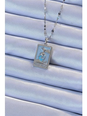 Marsilyan 316L Çelik Zincir Gümüş Renk Mavi Mineli Tarot Kolye TJ-BKO9210