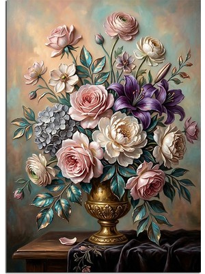 Artmeg Altın Vazoda Pastel Çiçek Buketi Dekoratif Kanvas - Mdf Ahşap Tablo