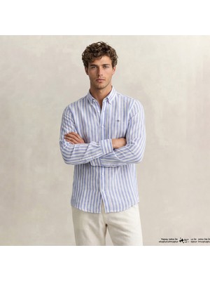 Gant Erkek Mavi Regular Fit Çizgili Logolu Gömlek