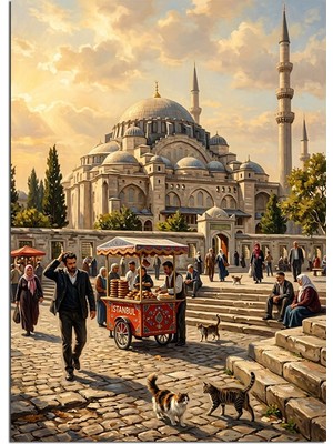 Artmeg Süleymaniye Camii Önünde Simitçi Dekoratif Kanvas - Mdf Ahşap Tablo