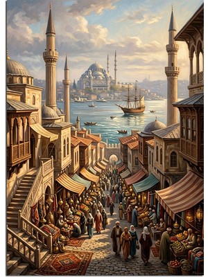Artmeg Istanbul Çarşısında Kalabalık Boğaz Manzarası Dekoratif Kanvas - Mdf Ahşap Tablo
