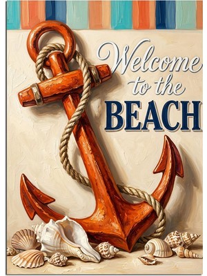 Artmeg Çapa Halatlı Welcome Beach Tabelası Dekoratif Kanvas - Mdf Ahşap Tablo