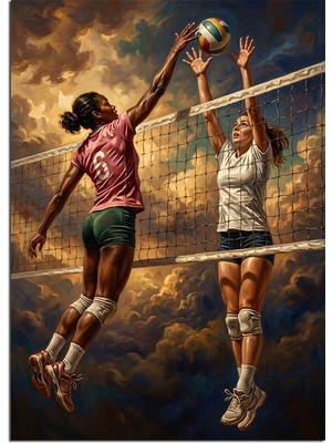 Artmeg Bulutlu Voleybol Oynayan Iki Kadın Dekoratif Kanvas - Mdf Ahşap Tablo