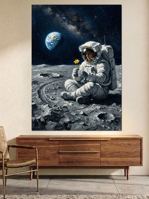 Artmeg Ayda Çiçek Tutan Astronot Yalnız Dekoratif Kanvas - Mdf Ahşap Tablo
