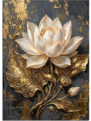 Artmeg Altın Desenli Beyaz Lotus Çiçeği Dekoratif Kanvas - Mdf Ahşap Tablo