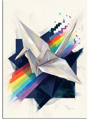 Artmeg Gökkuşağı Işıklı Origami Turna Kağıdı Dekoratif Kanvas - Mdf Ahşap Tablo