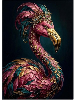 Artmeg Tüylü Taçlı Pembe Flamingo Portresi Dekoratif Kanvas - Mdf Ahşap Tablo
