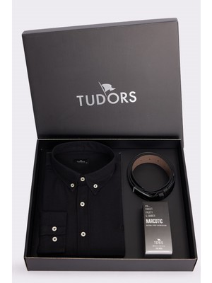 Tudors Özel Kutulu Erkek 3'lü Set Gömlek, Parfüm ve Kemer Hediyelik Çeyizlik Damat Bohçası Seti