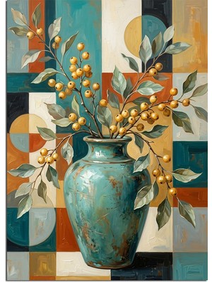 Artmeg Geometrik Fonda Vazoda Sarı Meyveler Dekoratif Kanvas - Mdf Ahşap Tablo