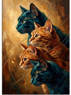 Artmeg Üst Üste Üç Kedi Mavi ve Turuncu Dekoratif Kanvas - Mdf Ahşap Tablo
