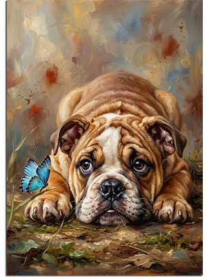 Artmeg Mavi Kelebekli Sevimli Bulldog Yavrusu Dekoratif Kanvas - Mdf Ahşap Tablo