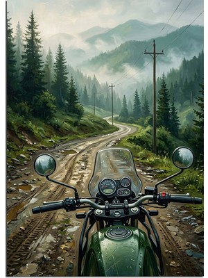 Artmeg Sisli Orman Yolunda Motosiklet Dekoratif Kanvas - Mdf Ahşap Tablo