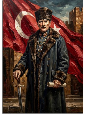 Artmeg Türk Bayraklı Atatürk Askeri Paltolu Dekoratif Kanvas - Mdf Ahşap Tablo
