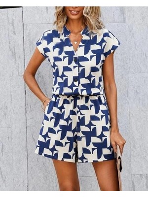 Meride Fashion Kısa Kollu V Hakim Yakalı Düğmeli Desenli Kısa Modal Tulum - 62548 L/xl - Saks Mavi