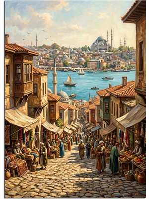 Artmeg Taş Sokakta Istanbul Boğazı Manzarası Dekoratif Kanvas - Mdf Ahşap Tablo