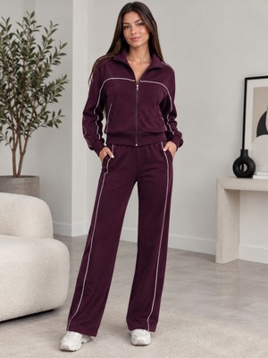 Meride Fashion Uzun Kollu Önden Fermuarlı Bluz ve Pantolon Modal Ikili Takım- 61941 S/m - Bordo
